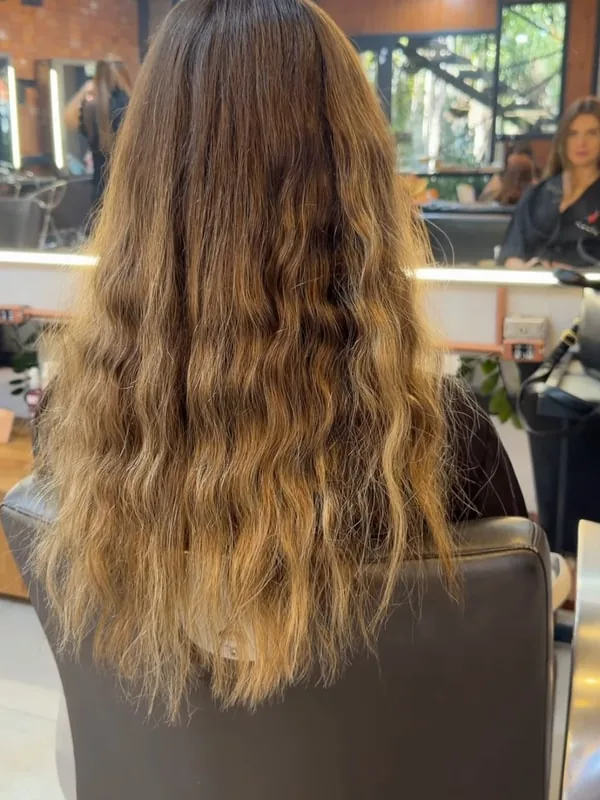 Antes: cabelo longo com frizz, pontas ressecadas e sem brilho