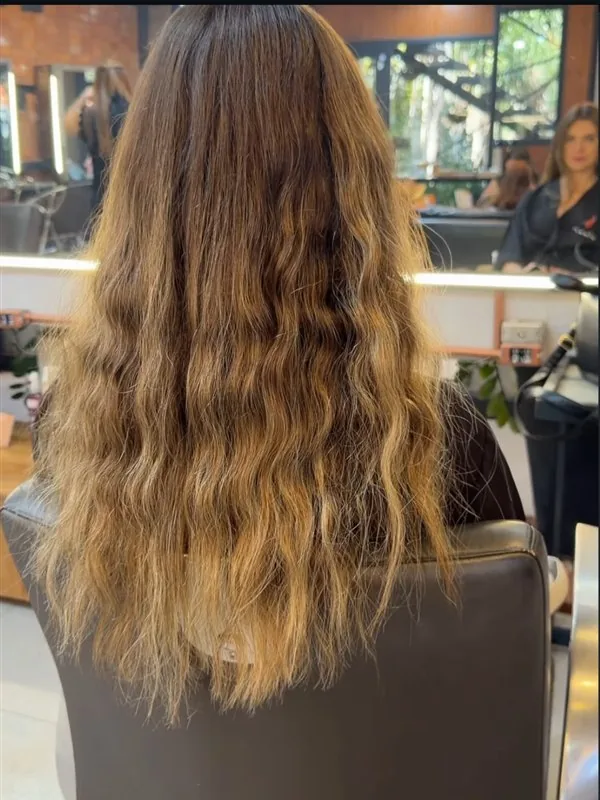 Antes: cabelo longo com frizz, pontas ressecadas e sem brilho