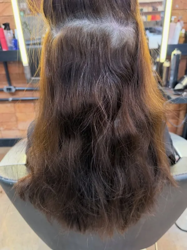 Antes: cabelo castanho opaco, sem definição de corte e sem movimento
